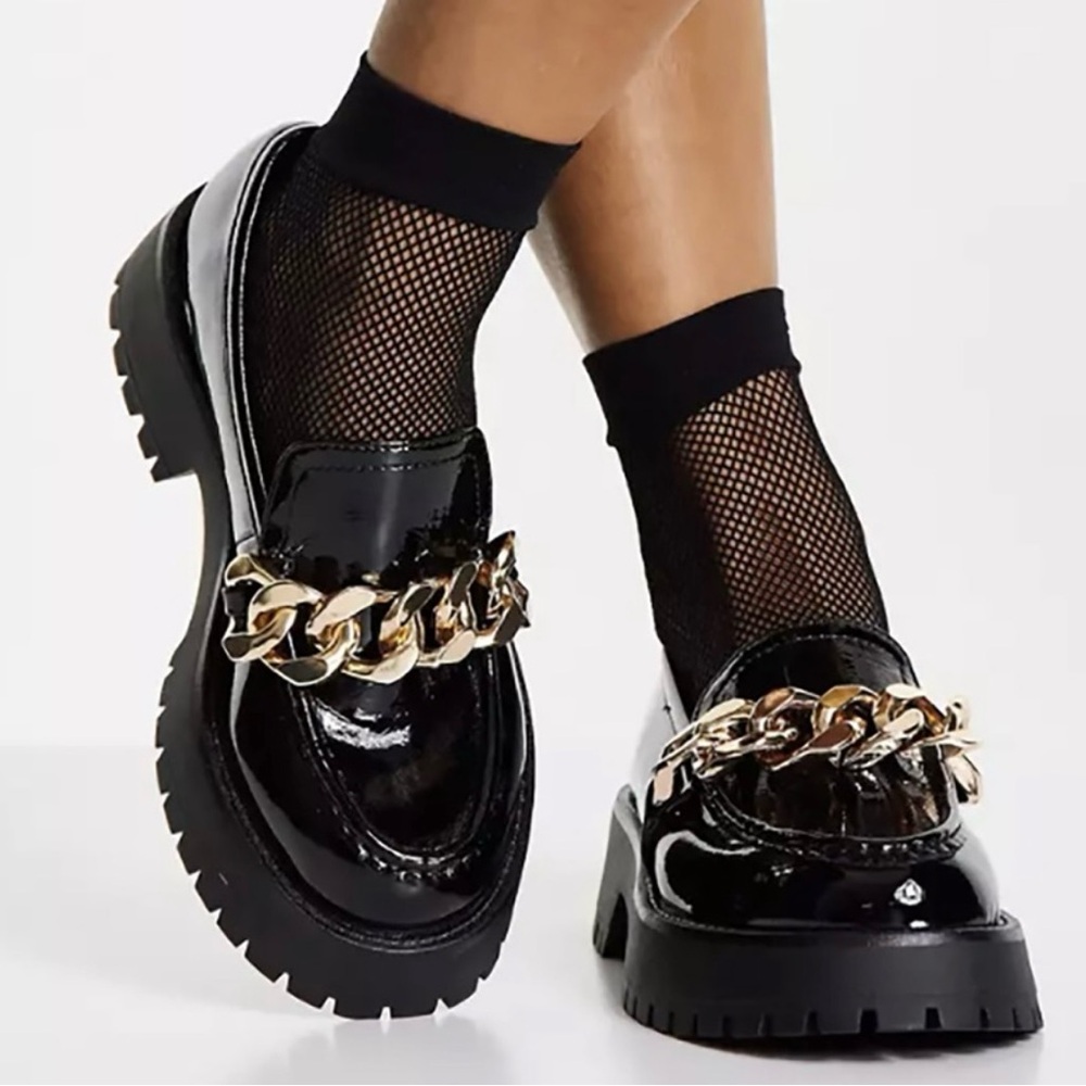 Guess Black Patent Leather Loafers with Gold Chain